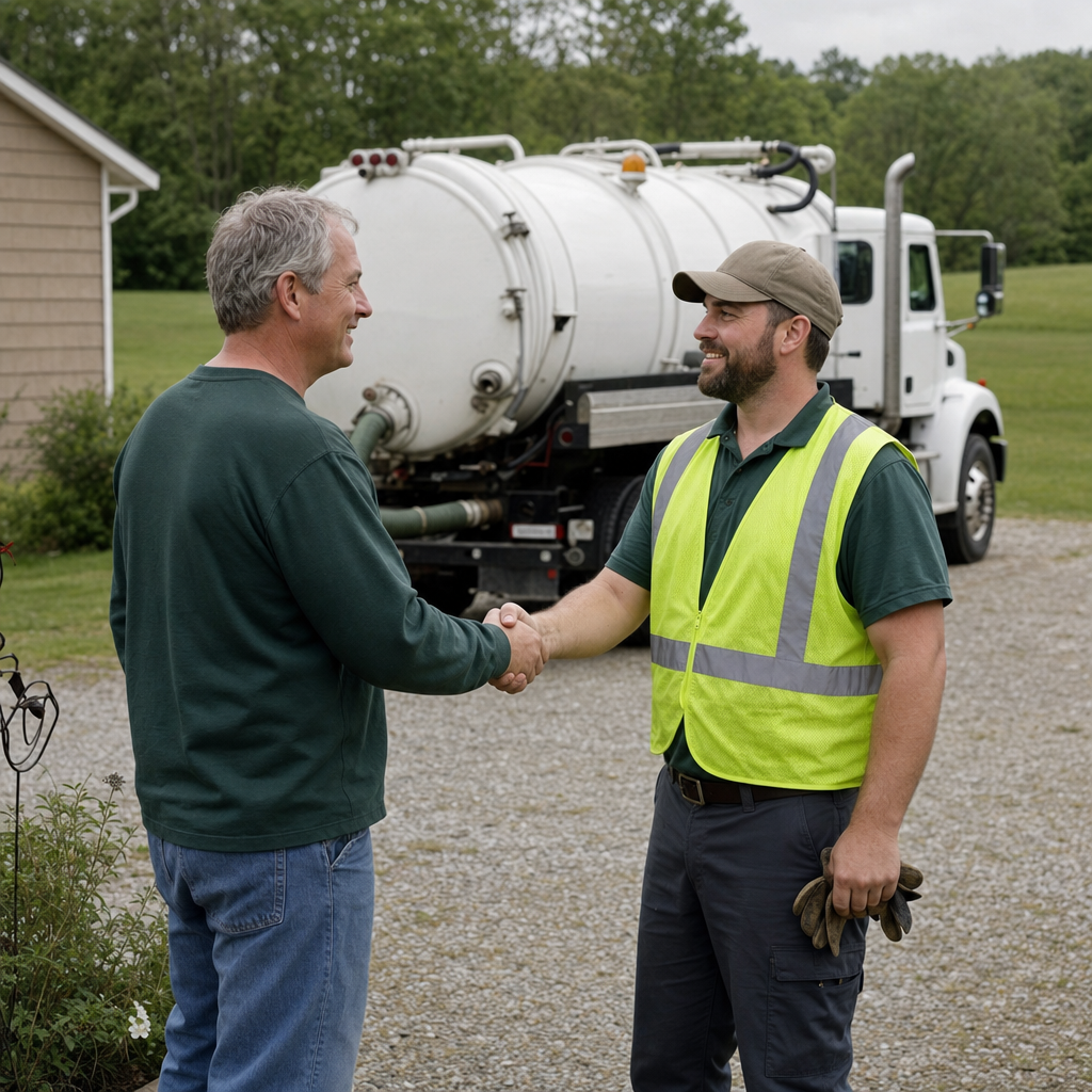 A septic technician shaking a Cordova homeowner's hand beside the service truck after a completed pump-out