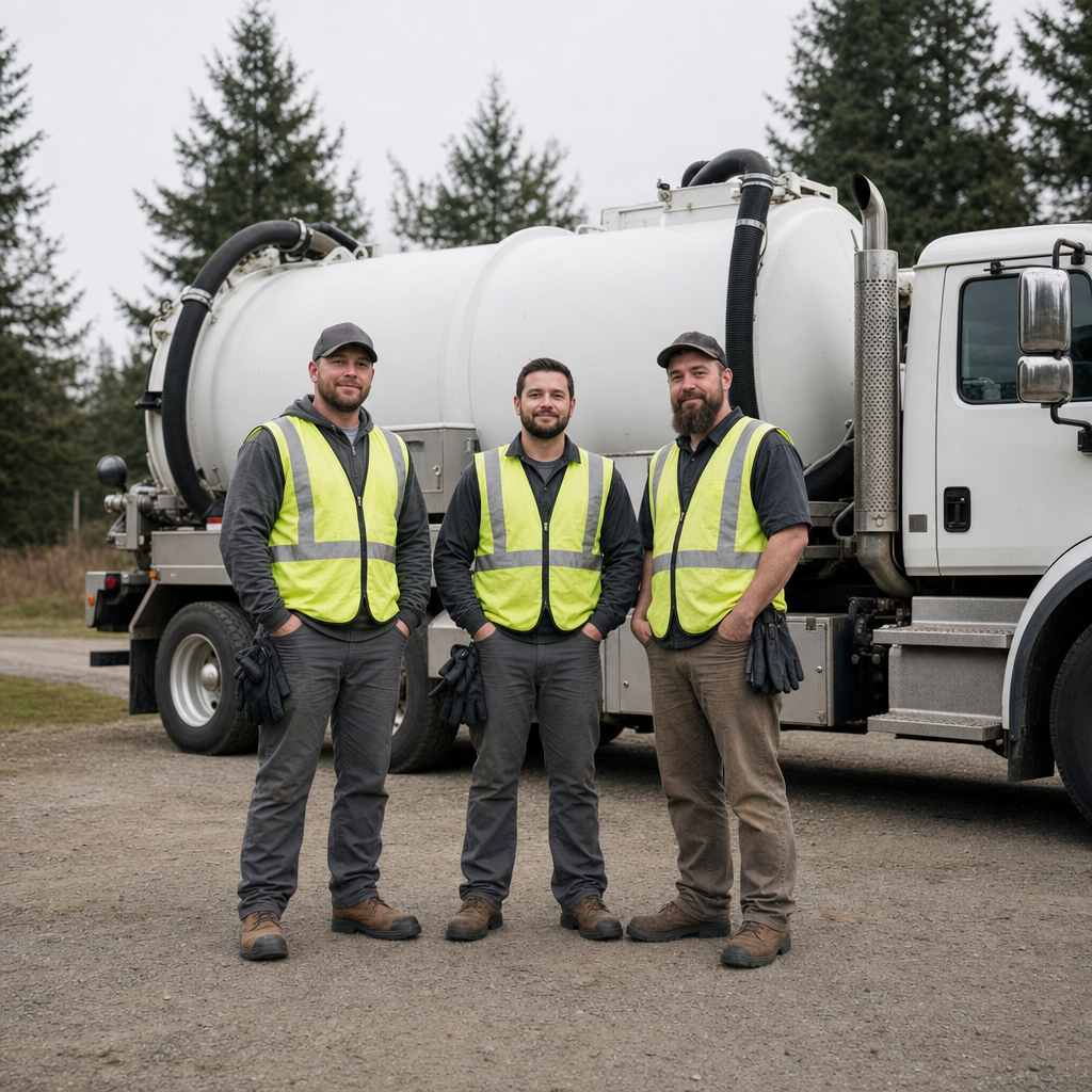 The Cordova septic pumping crew standing together beside their clean white vacuum truck on a residential street