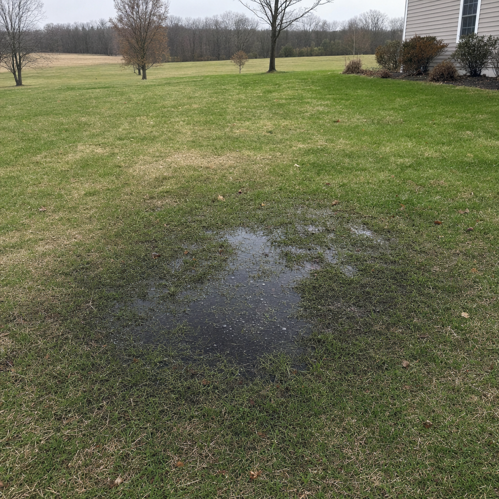 A dark, saturated wet spot in a Cordova backyard lawn marking a failing cesspool at capacity