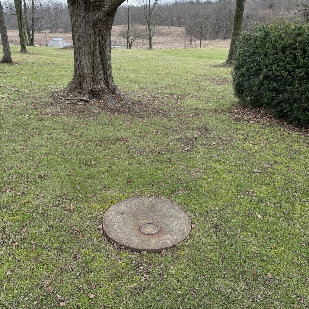 An older round cesspool access lid set flush in an established, mature Cordova backyard lawn
