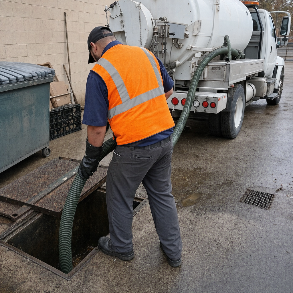 Technician pumping a grease trap behind a Cordova restaurant