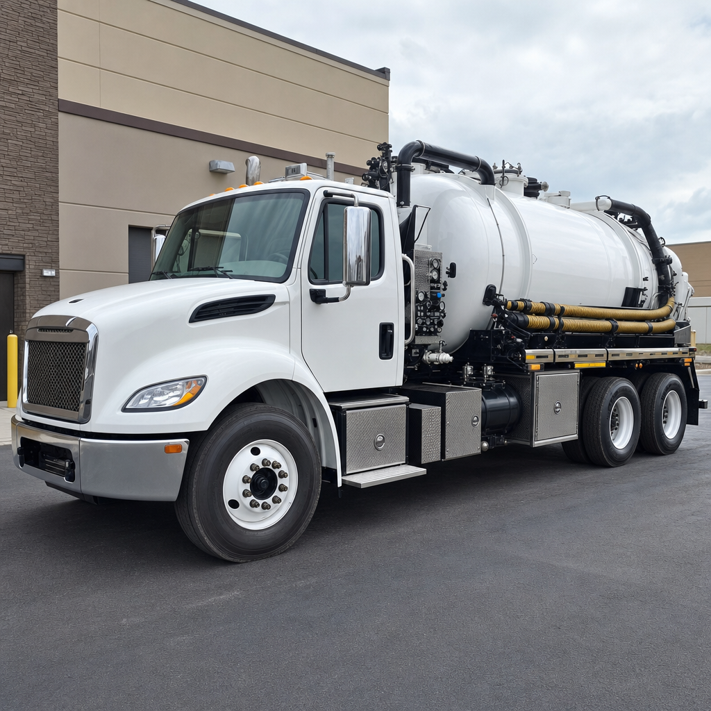 Commercial septic vacuum truck parked in a Cordova business parking lot