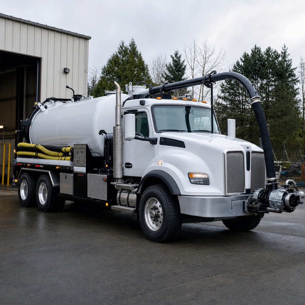 A clean white septic vacuum truck rolling out of a tidy Cordova service depot at the start of the day