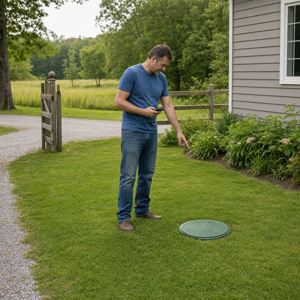 A Cordova-area homeowner standing in the backyard noting where the septic tank lid and access route are located