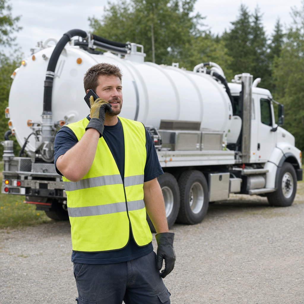 A friendly septic dispatcher holding a phone, ready to answer a Cordova homeowner's call about a pump-out