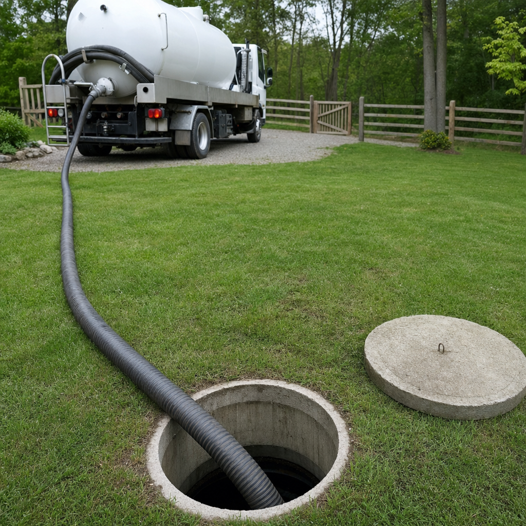 Suction hose connected to an open septic tank, drawing it down in a tidy Cordova yard