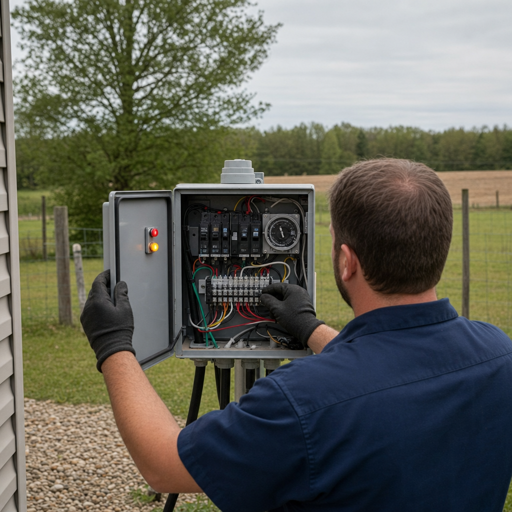 Technician checking an aerobic septic control box with a lit red high-water alarm during a same-day Cordova visit