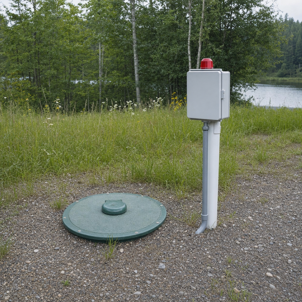 A wastewater holding tank access lid set in the ground at a rural Cordova-area cabin, with a mounted high-level float alarm panel nearby