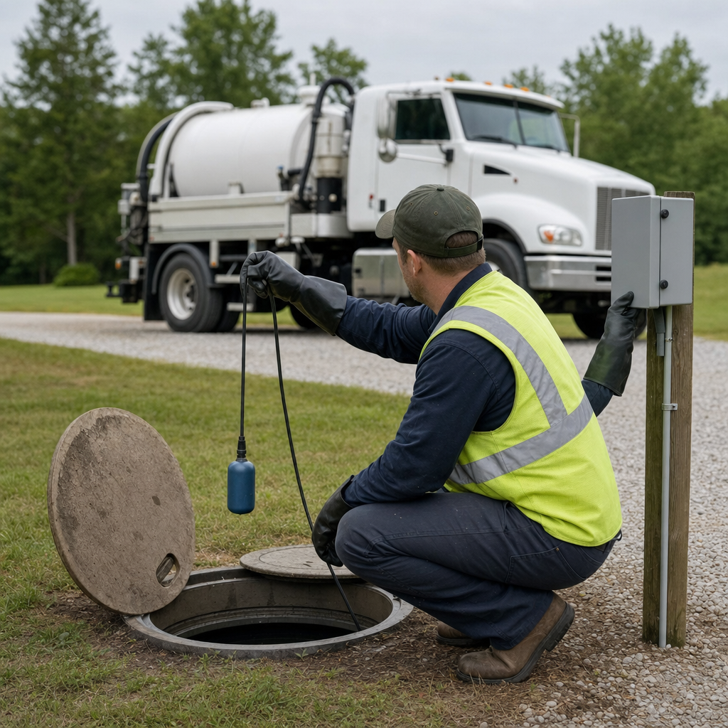 A septic technician in a high-visibility vest checking a high-level float switch and alarm panel on a holding tank at a rural Cordova-area site