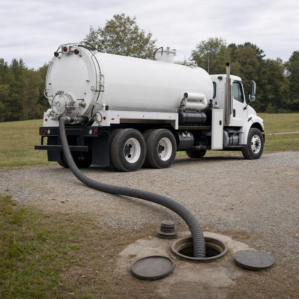 An unmarked white vacuum truck emptying a wastewater holding tank on a scheduled visit at a rural Cordova-area property, thick suction hose running to the tank lid