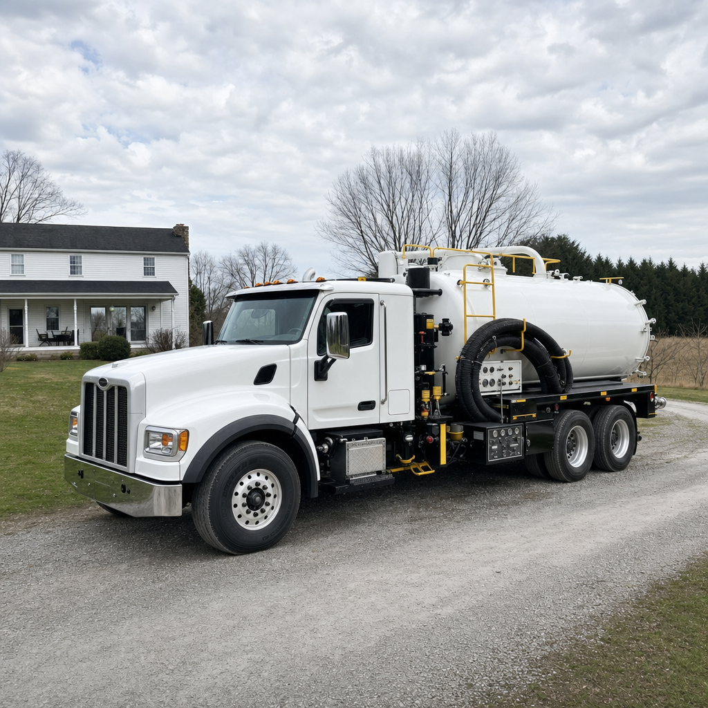 A clean white septic vacuum truck parked on a tidy Cordova driveway with the suction hose neatly coiled