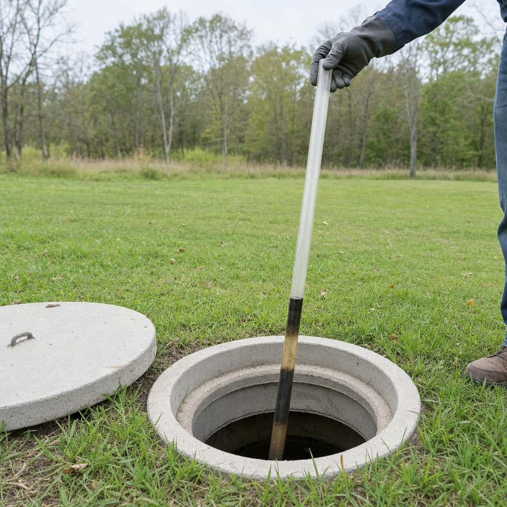 A septic sludge-judge measuring stick lowered into an open Cordova septic tank to read the depth of the sludge and scum layers before deciding whether a pump-out is due