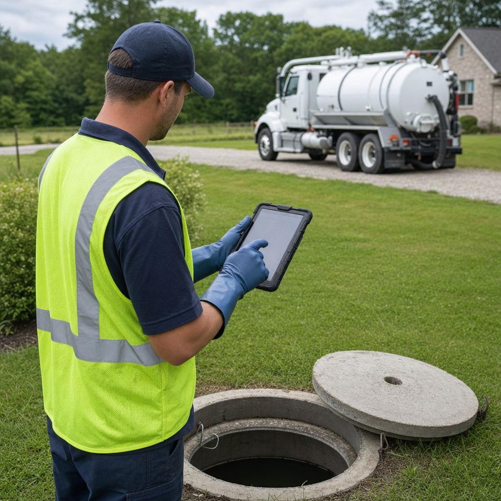 A septic technician recording a Cordova home's pump-out date and tank condition on a tablet beside an open access lid, tracking the service history that sets the next due date