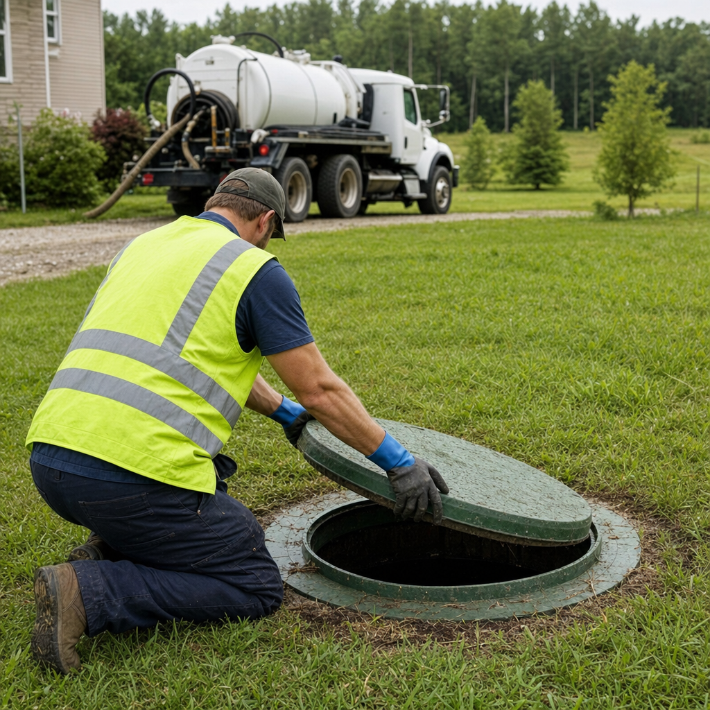 Septic technician kneeling on a Cordova lawn, lifting the access lid on a residential septic tank