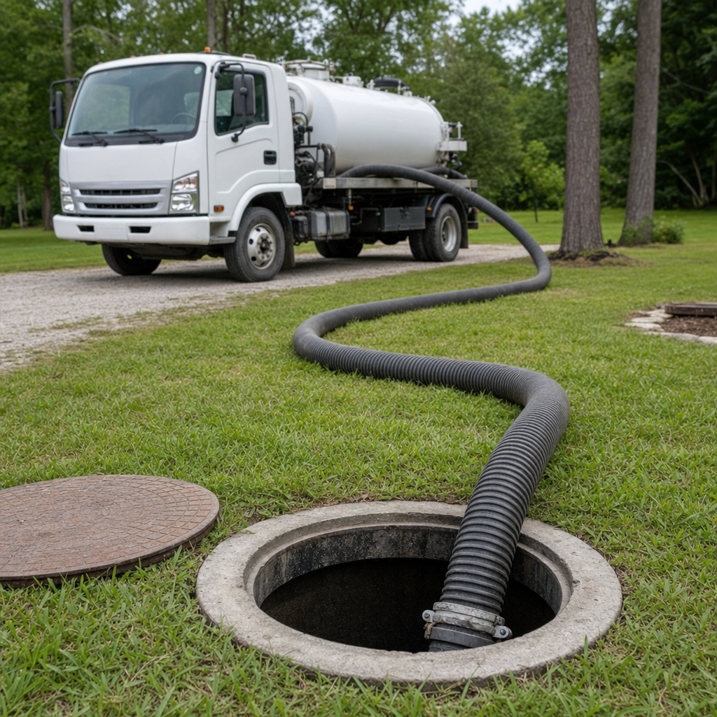 Thick ribbed suction hose lowered into a clean open septic tank port on a tidy Cordova backyard lawn