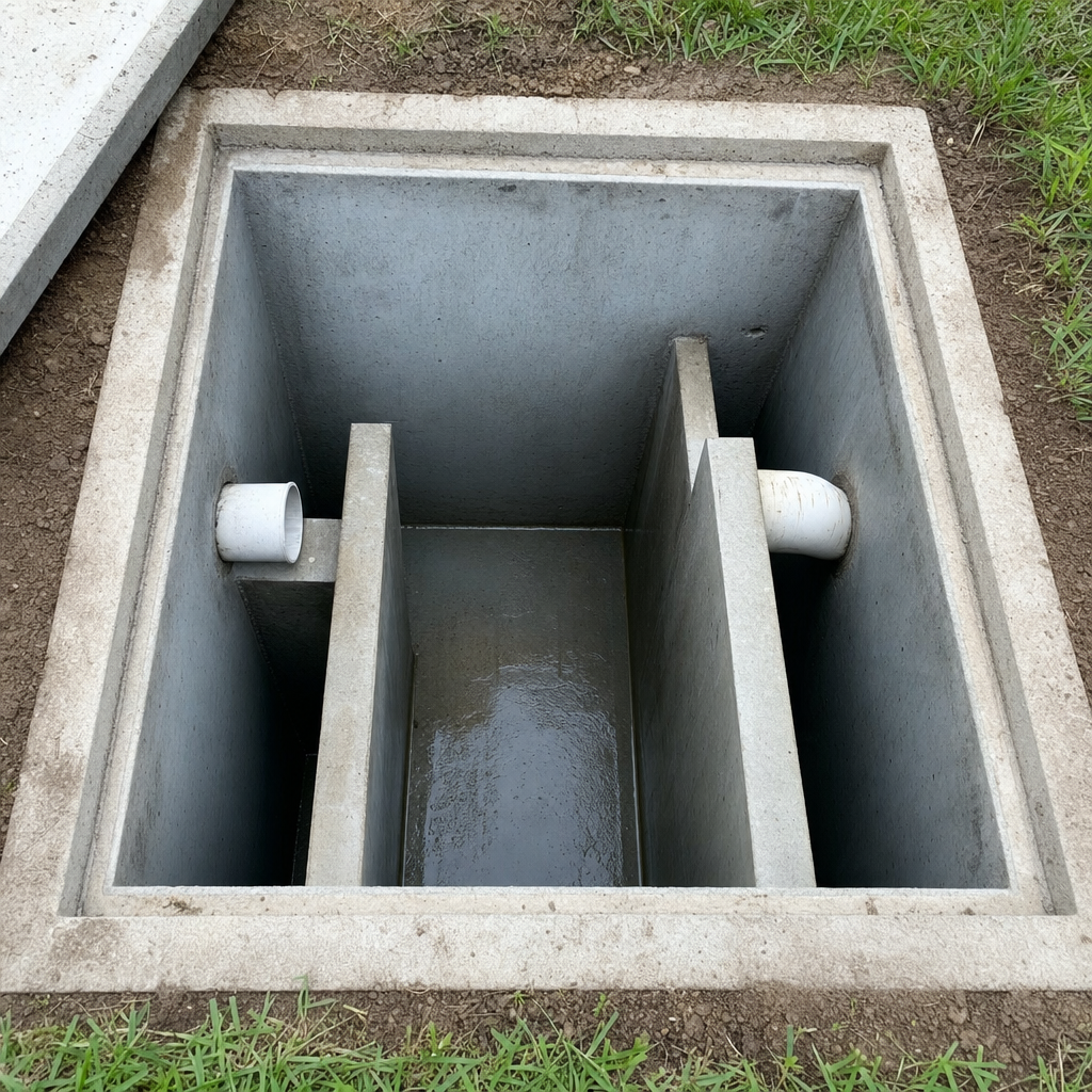 Inspection of the concrete baffles inside an open, emptied and freshly cleaned Cordova septic tank