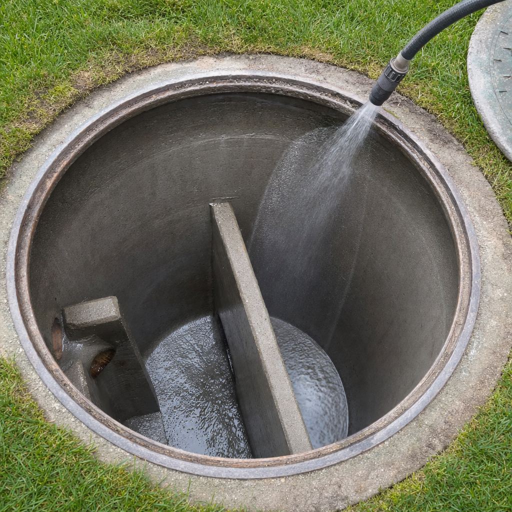 Interior concrete walls of an emptied Cordova septic tank being rinsed clean with the truck's onboard water hose