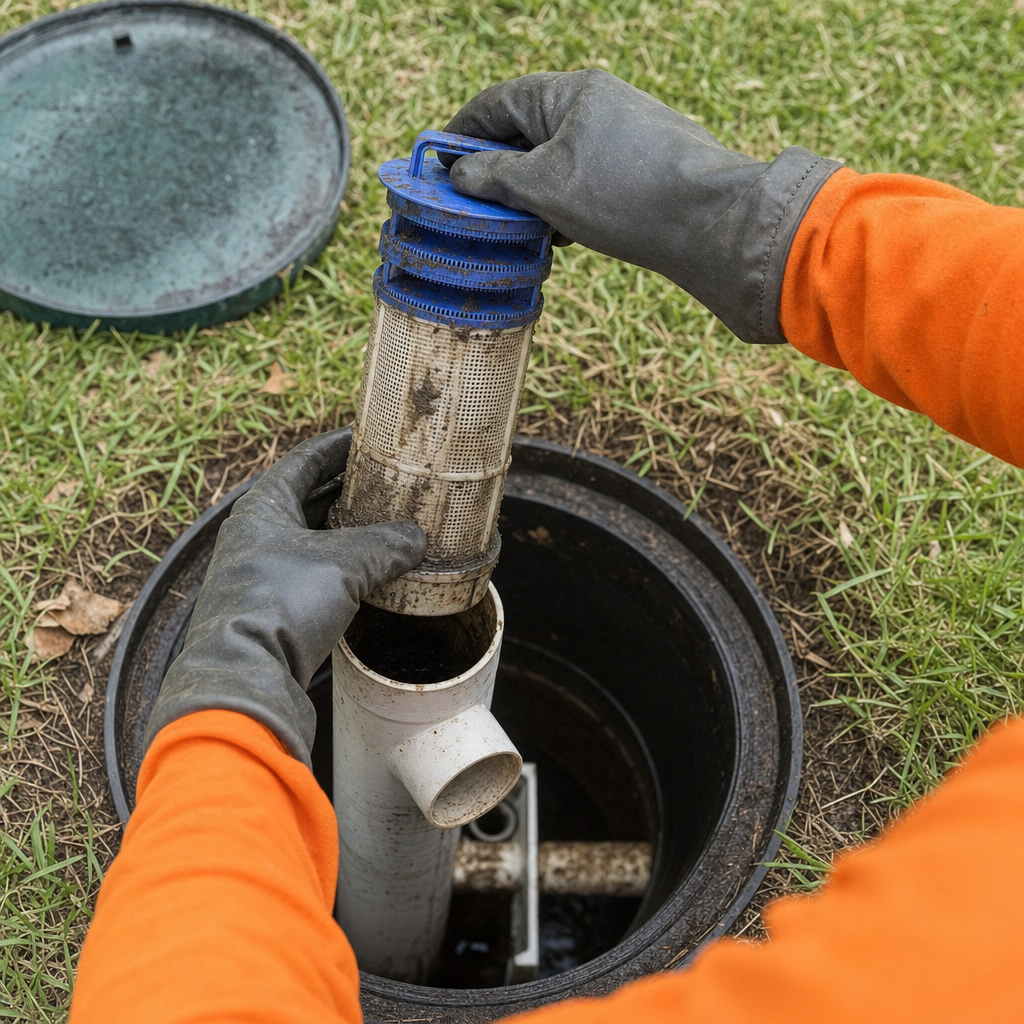 Septic technician's gloved hands lifting the effluent filter cartridge out of the outlet housing on a Cordova septic tank