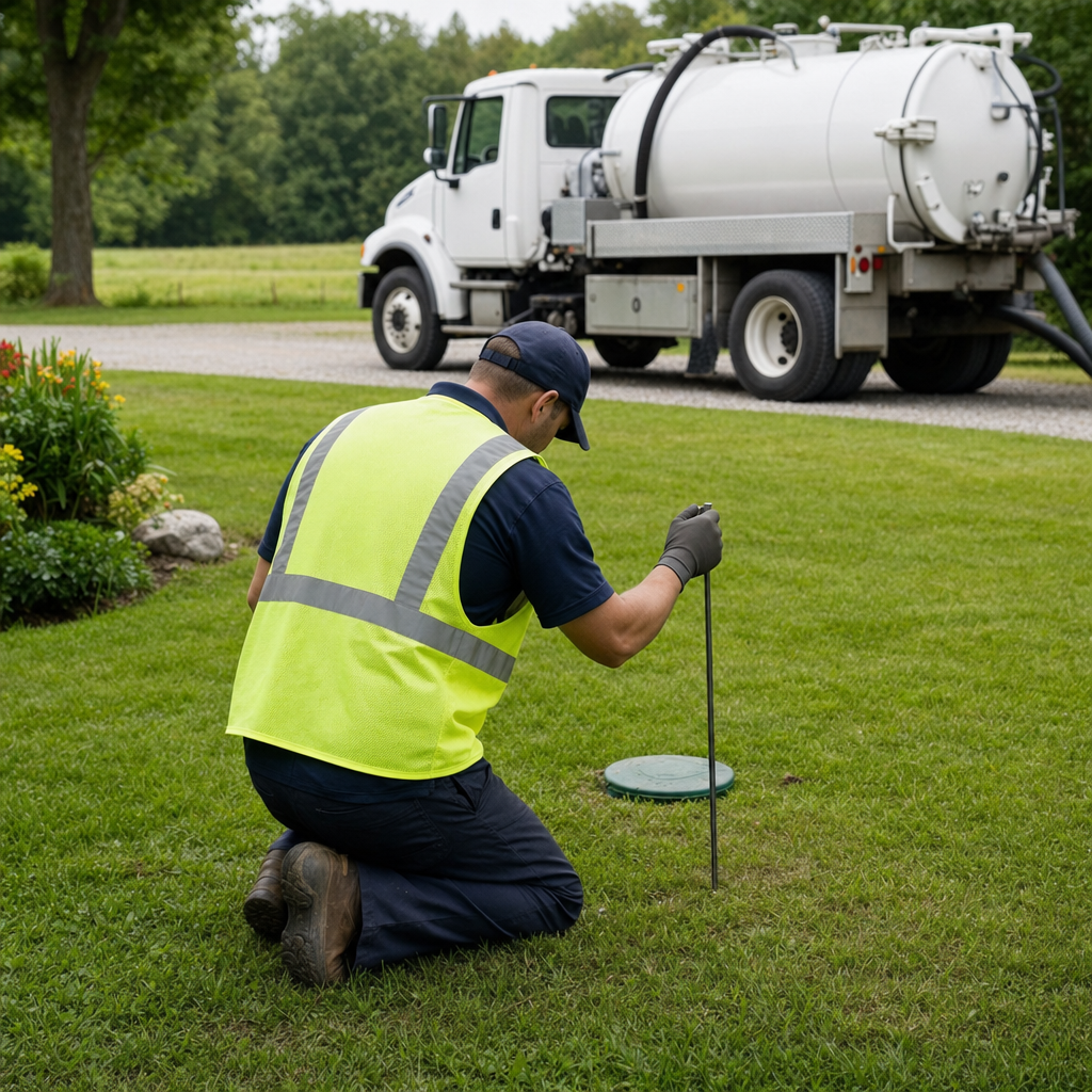 Septic technician kneeling on a Cordova lawn, probing to locate and measure the depth of a buried septic tank lid before pumping