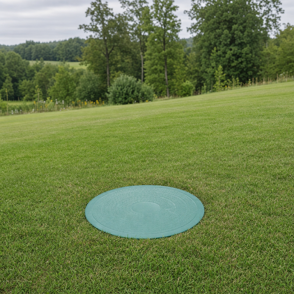 A newly installed septic riser bringing the tank lid up flush to grade in a Cordova yard for easy future access