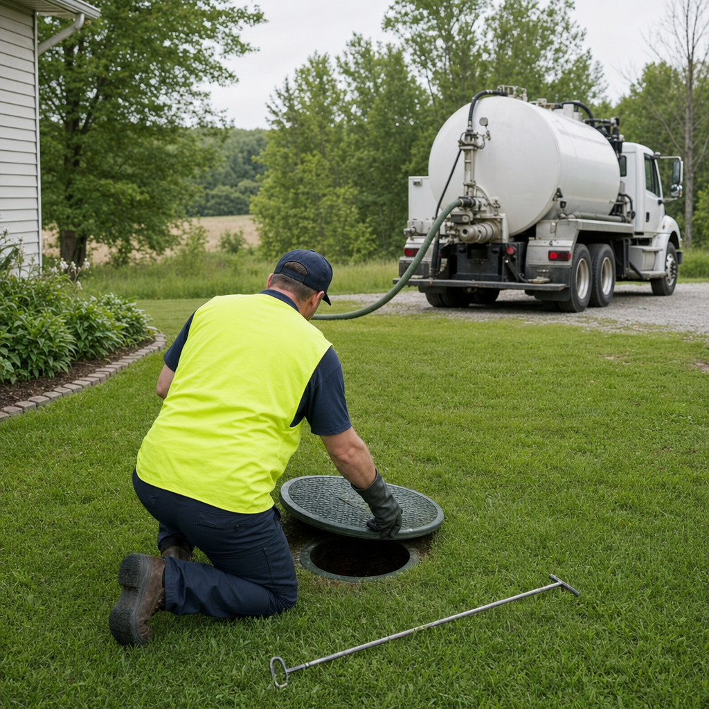 Septic technician kneeling on a Cordova lawn, lifting the buried access lid on a residential septic tank