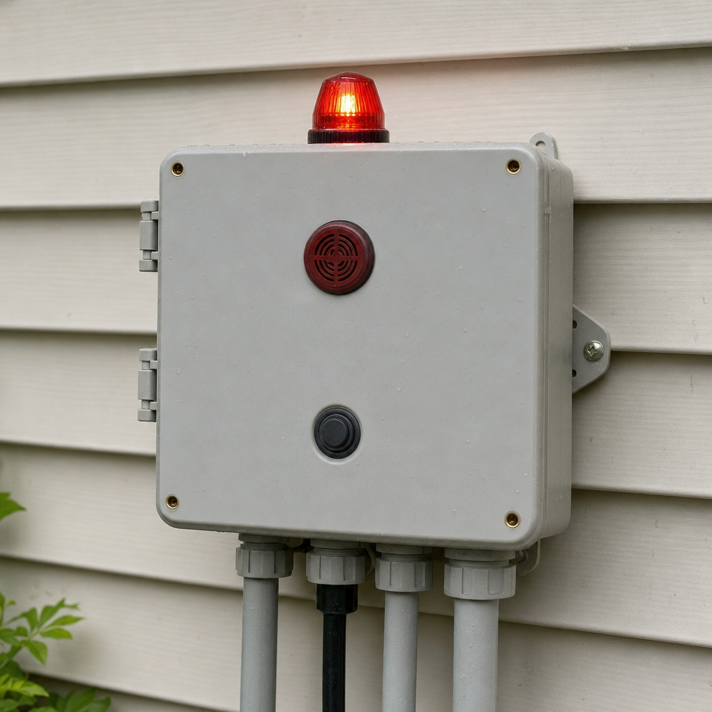 An aerobic septic system control panel mounted outside a Cordova home with its red high-water alarm light lit