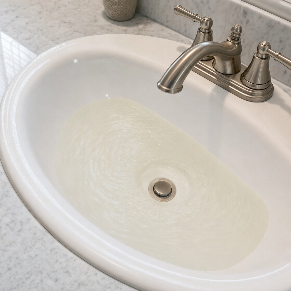 A bathroom sink draining slowly with water pooled in the basin, an early warning sign that a Cordova septic tank is full